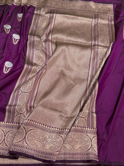 Magenta Handwoven Pure Banarasi Katan Silk Saree | Kadwa Weave | Gold &amp; Silver Zari | Pure Silk Handloom Saree