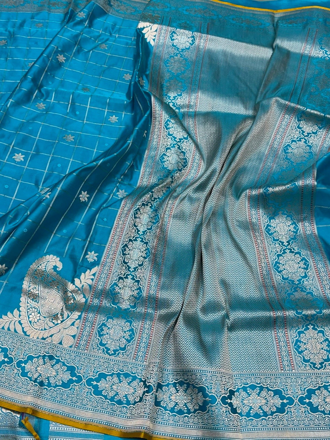 Sea Blue Handwoven Pure Banarasi Satin Silk Saree – Kadwa Weave | Authentic Banaras Handloom