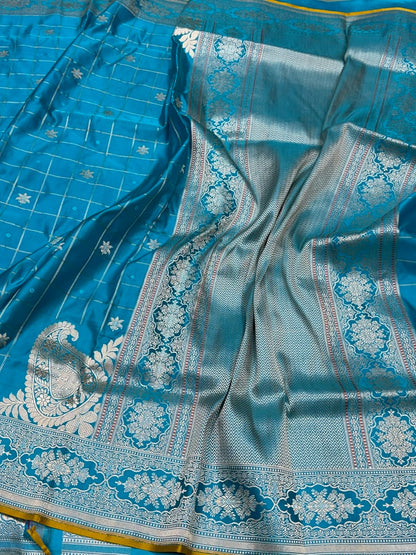 Sea Blue Handwoven Pure Banarasi Satin Silk Saree – Kadwa Weave | Authentic Banaras Handloom