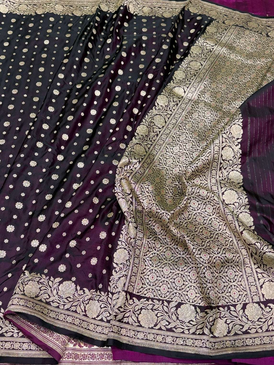 Wine Vintage Banarasi Pure Satin Silk Brocade Saree – Luxury Cutwork Wedding &amp; Festive Saree