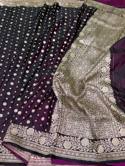 Wine Vintage Banarasi Pure Satin Silk Brocade Saree – Luxury Cutwork Wedding &amp; Festive Saree
