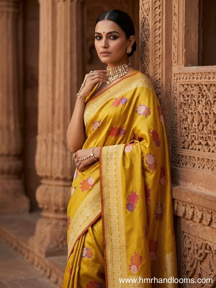 Mustard Yellow Handwoven Pure Banarasi Brocade Silk Saree