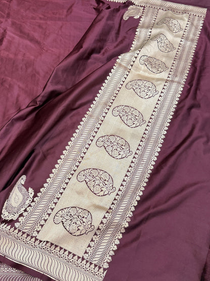 Wine Handwoven Banarasi Pure Mashru Satin Silk Saree