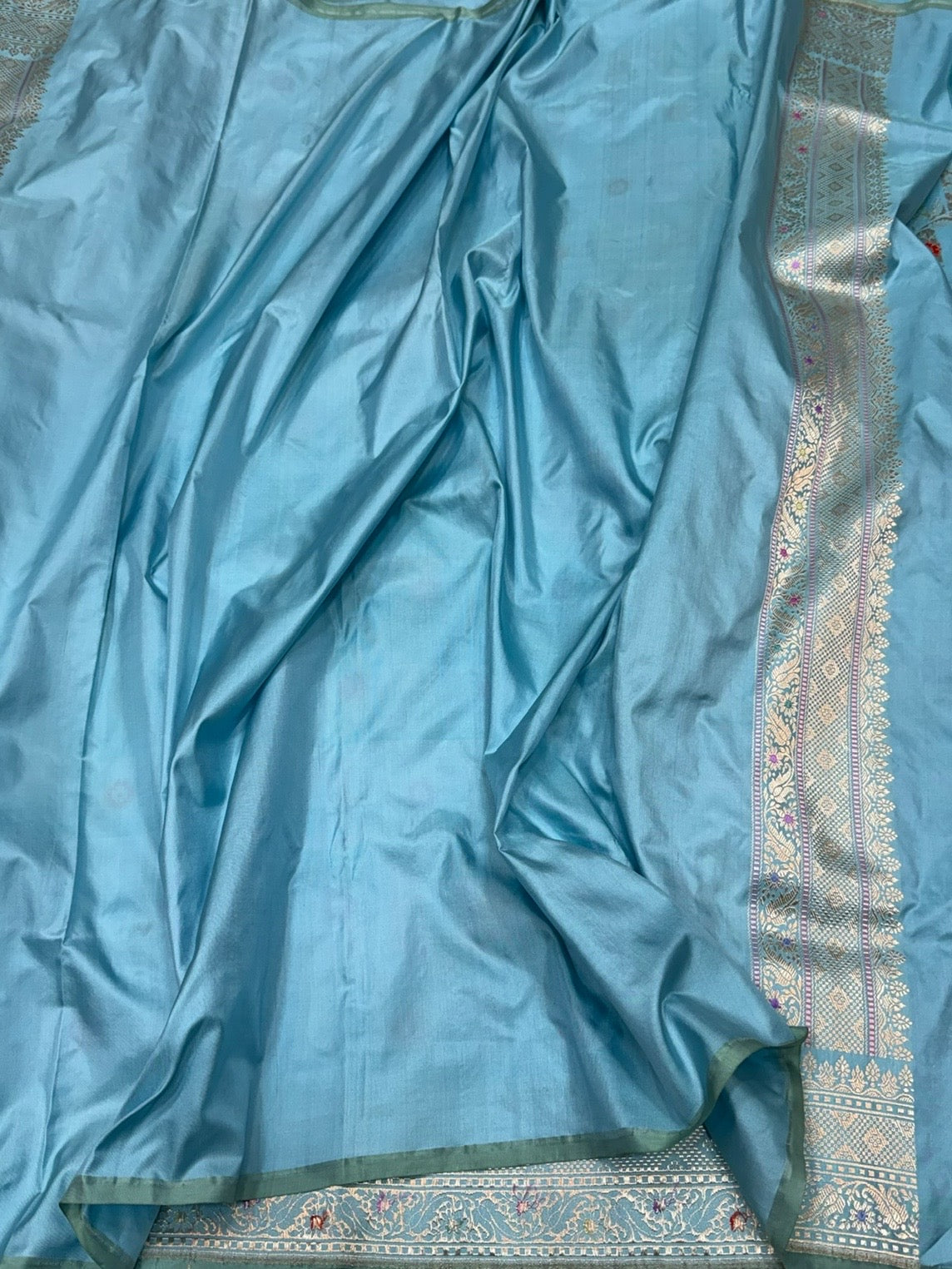 Sky Blue Handwoven Pure Banarasi Silk Saree in Kadwa Weave | Authentic Katan Mulberry Silk