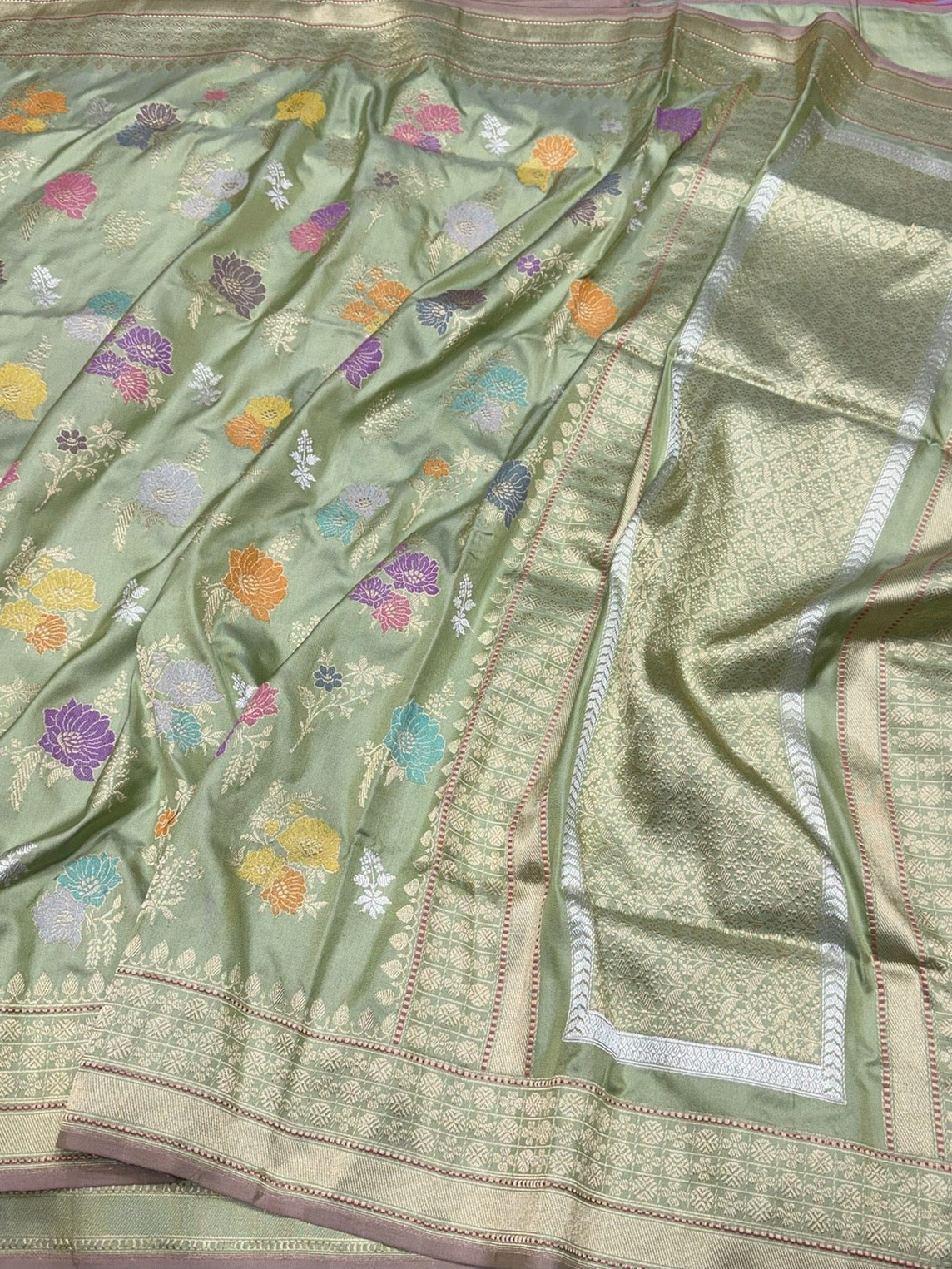 Pista Green Handwoven Pure Banarasi Silk Saree – Kadwa Weave in 100% Katan Mulberry Silk