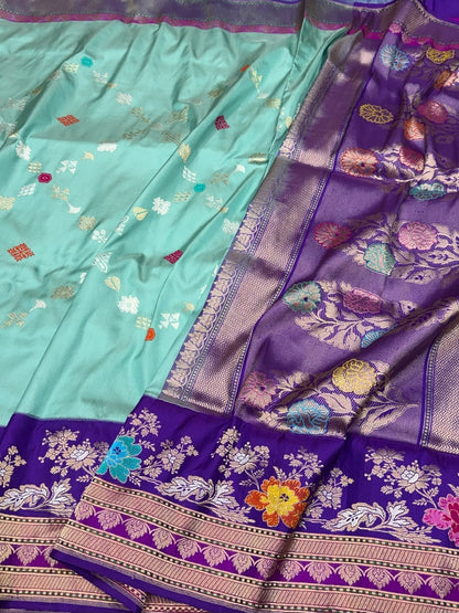 Sea Green Handwoven Pure Banarasi Ektara Silk Saree – Luxury Kadwa Weave