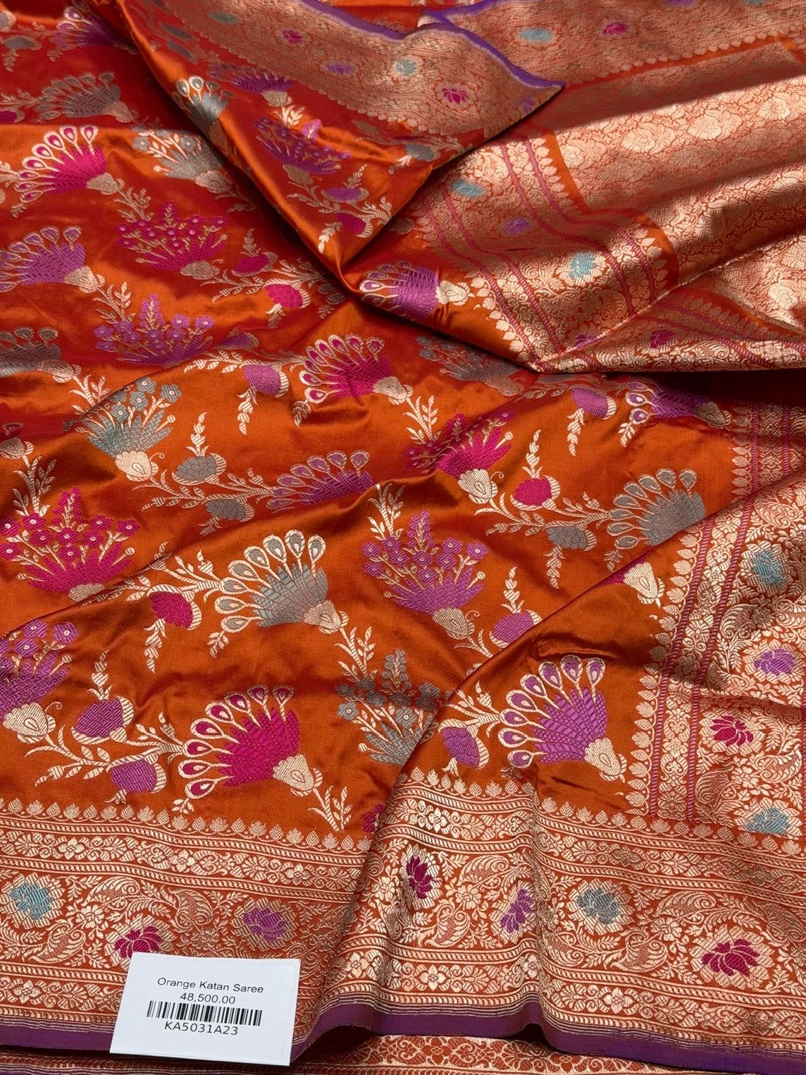Orange Handwoven Pure Banarasi Silk Saree in Kadwa Weave