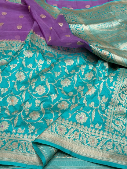 Sky Blue &amp; Purple Handwoven Pure Banarasi Silk Saree – Kadwa Weave in 100% Katan Mulberry Silk
