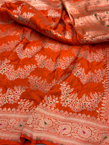 Orange Banarasi Minakari Pure Silk Saree