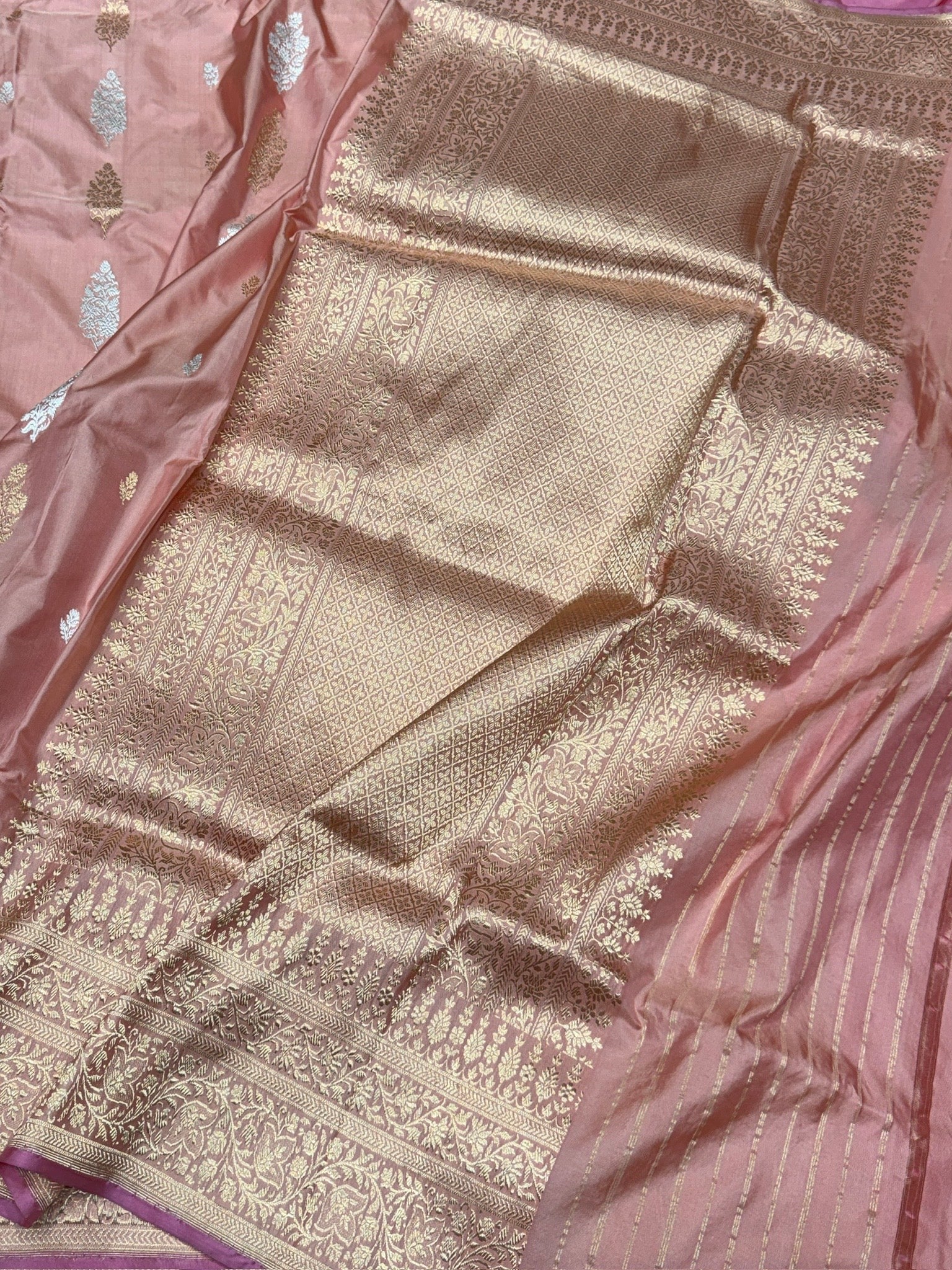 Peach Handwoven Pure Banarasi Silk Saree in Kadwa Weave – Katan Silk with Intricate Design