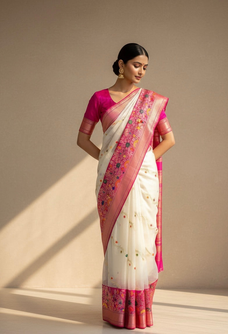 White Handwoven Pure Organza Silk Saree – Kadwa Weave, Kora-Mulberry Silk, Rani Pink Skirt Border Saree