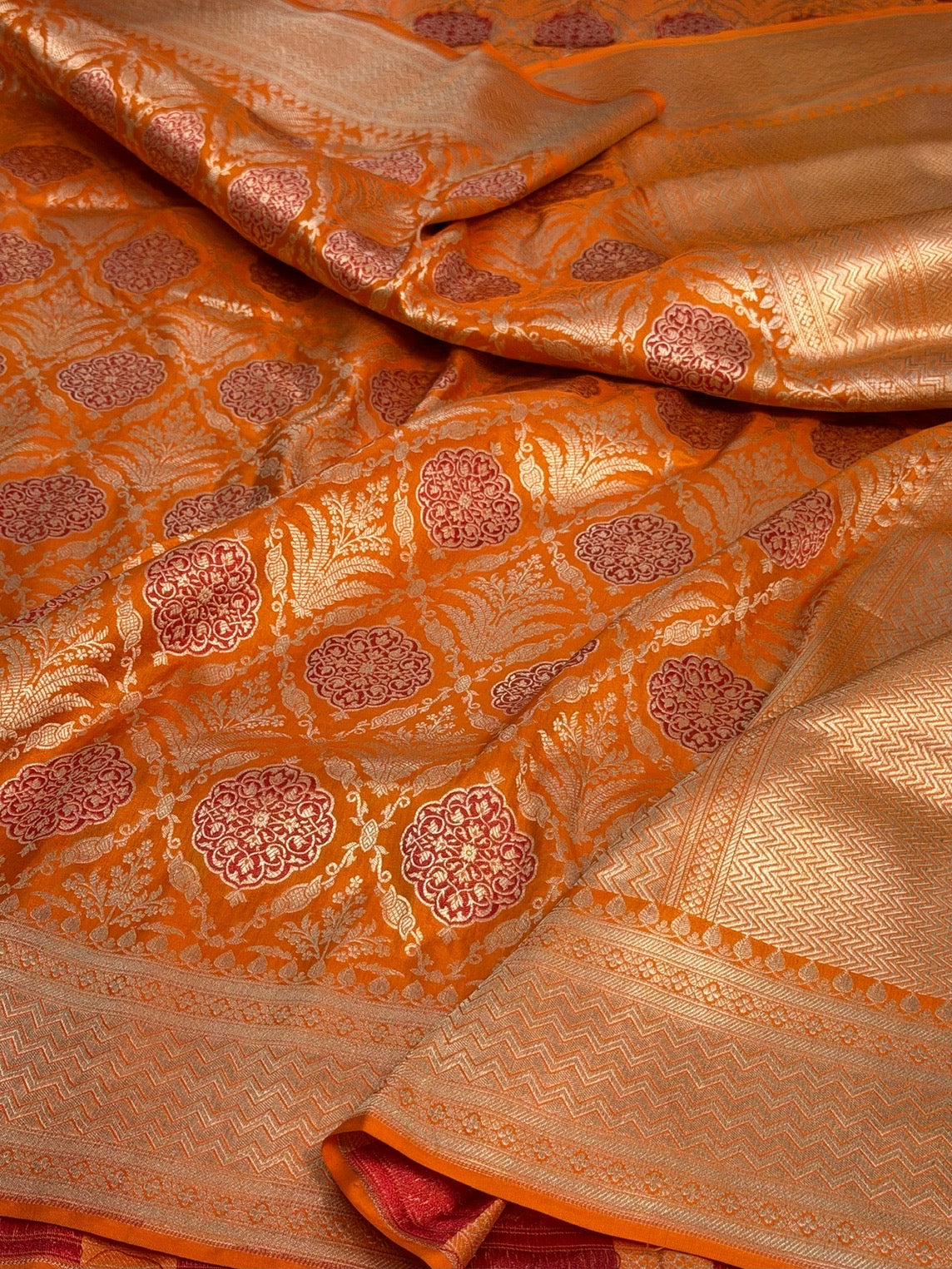 Orange Banarasi Minakari Pure Katan Silk Brocade Saree