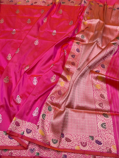 Orangish Pink Handwoven Pure Banarasi Silk Saree