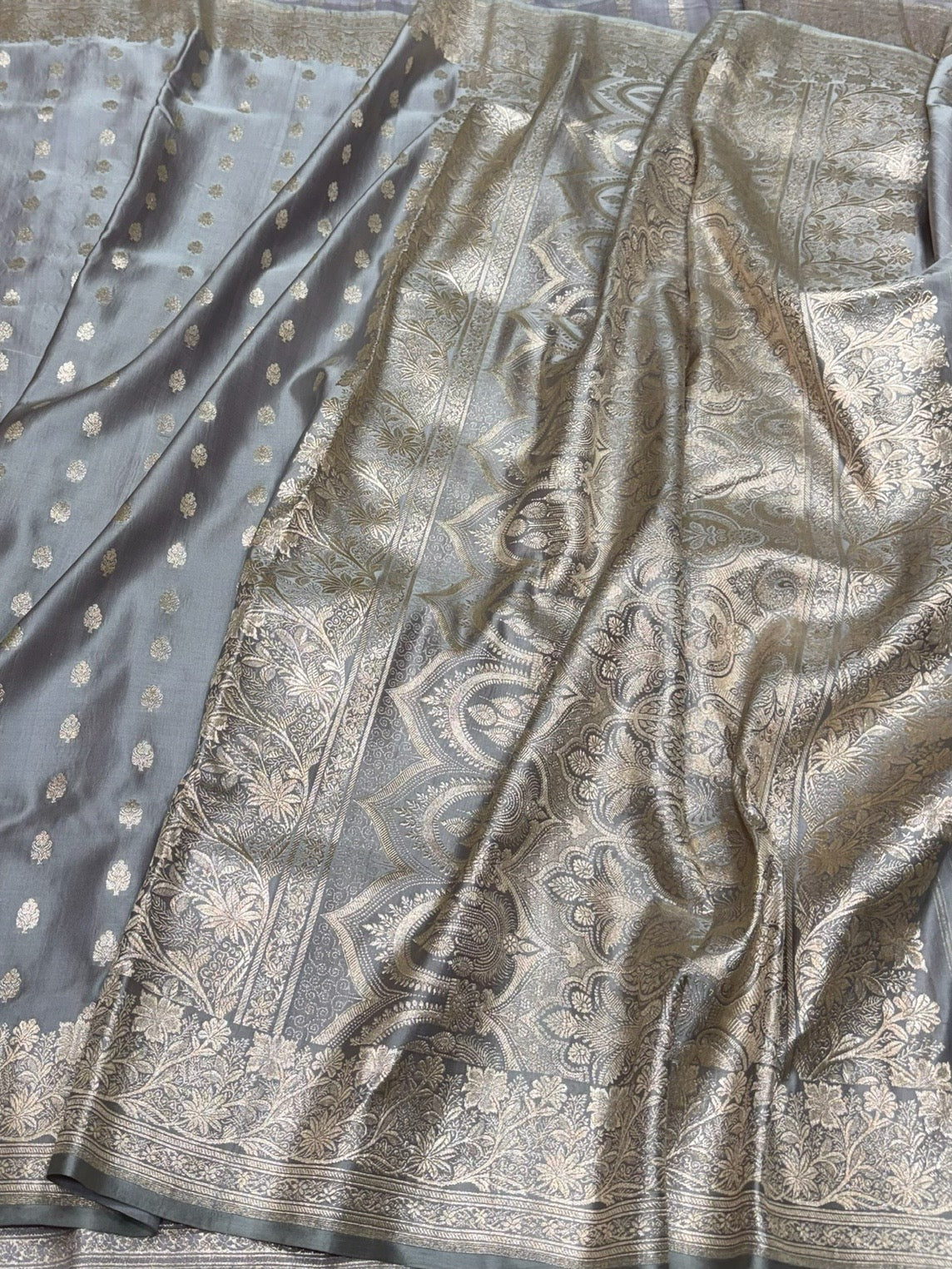 Grey Handwoven Vintage Pure Banarasi Satin Silk Saree