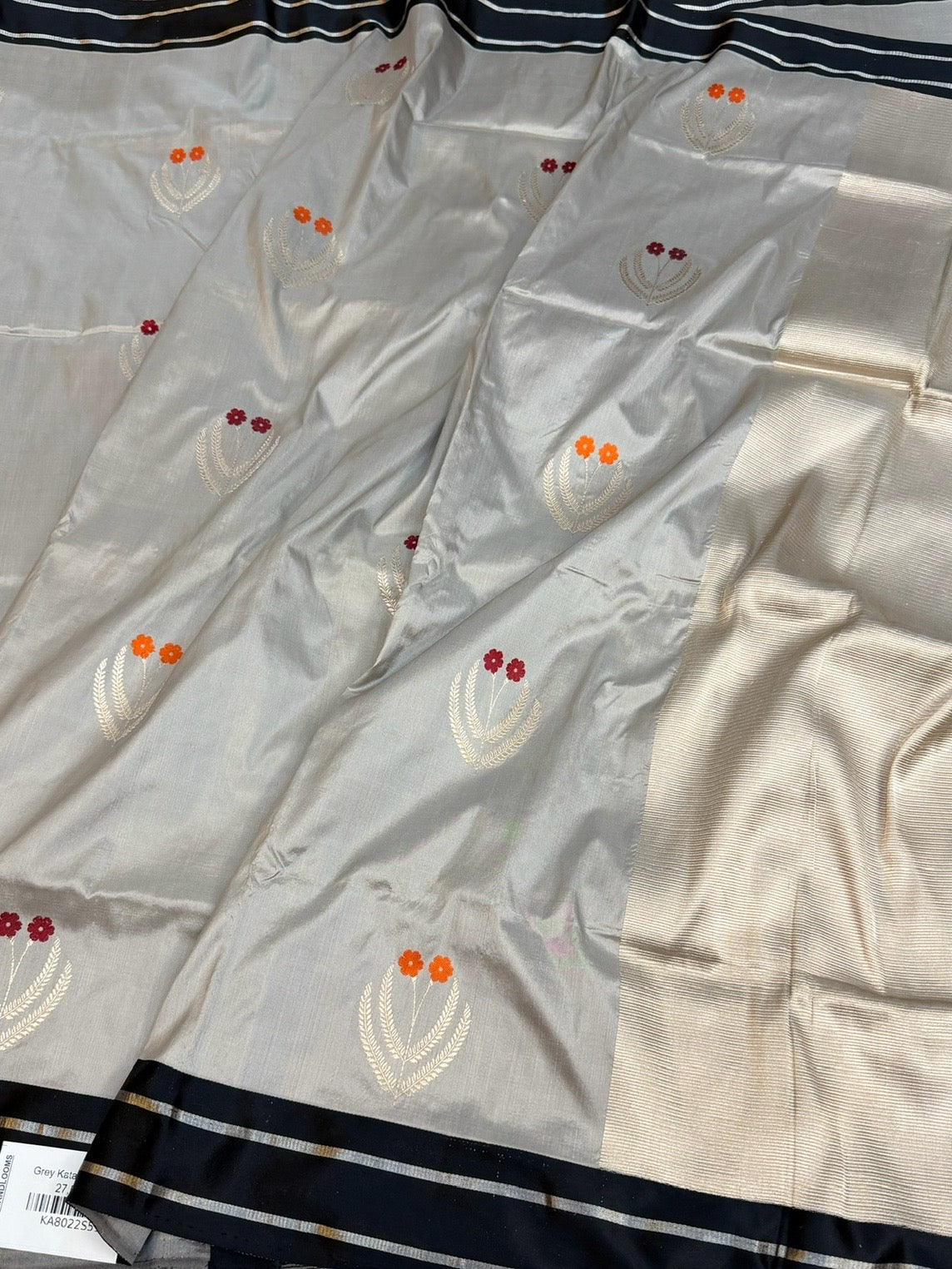 Grey Handwoven Pure Banarasi Katan Silk Saree with Satin Border