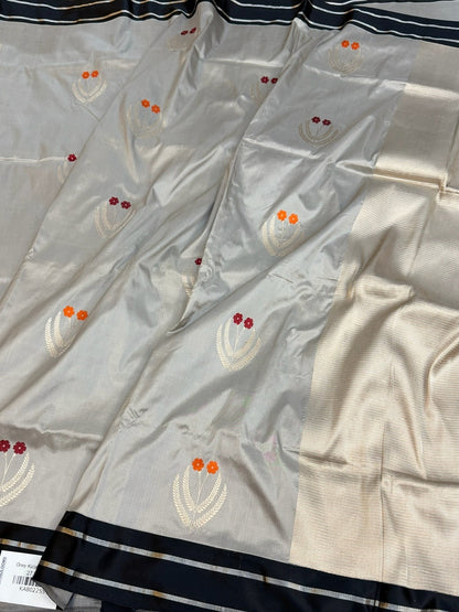Grey Handwoven Pure Banarasi Katan Silk Saree with Satin Border