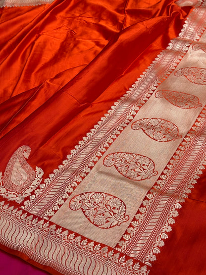 Orange Handwoven Pure Banarasi Satin Silk Saree