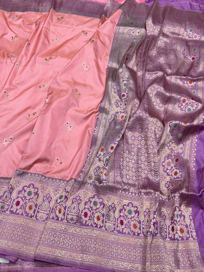 Peach Handwoven Pure Banarasi Ektara Silk Saree – Kadwa Iktara Weave, Pure Mulberry Silk