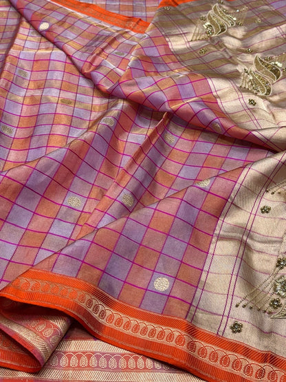 Orange Handwoven Pure Banarasi Ektara Tissue Saree