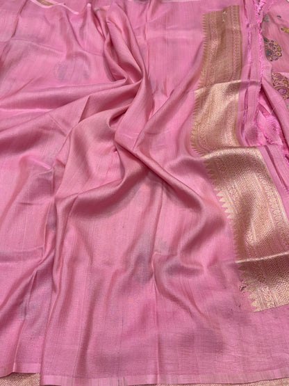 Baby Pink Handwoven Pure Tussar Georgette Saree