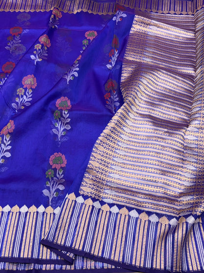 Royal Blue Handwoven Pure Organza Jamdani Saree