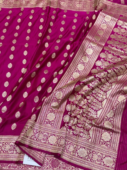 Rani Pink Handwoven Vintage Pure Banarasi Satin Silk Saree