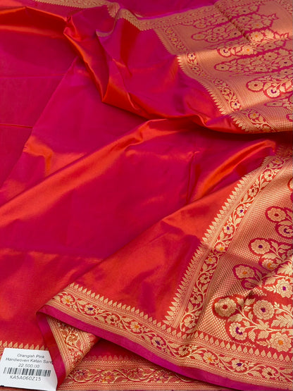 Orangish Pink Banarasi Pure Katan Silk Saree