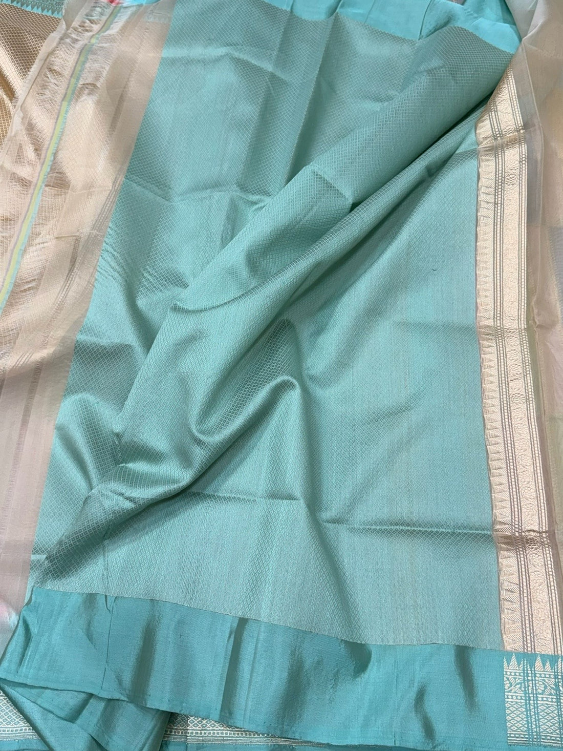 Sky Blue Handwoven Pure Organza Rangkaat Silk Saree – Kadwa Weave, Pure Kora-Mulberry Silk