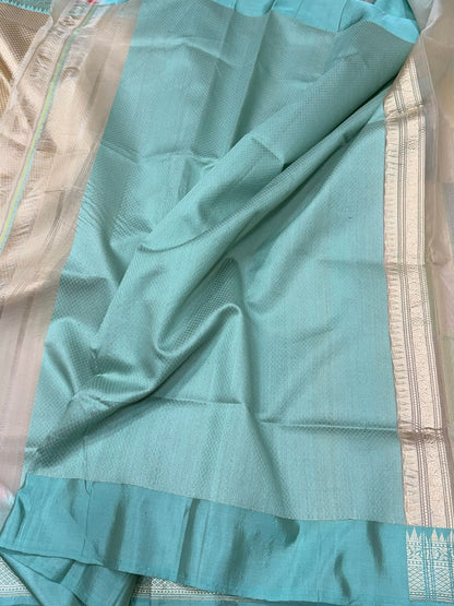 Sky Blue Handwoven Pure Organza Rangkaat Silk Saree – Kadwa Weave, Pure Kora-Mulberry Silk