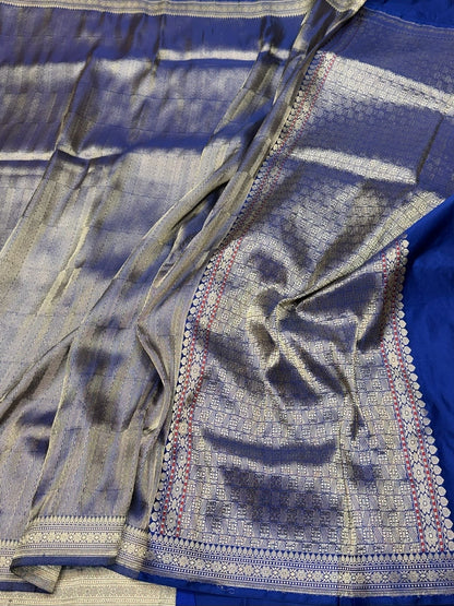 Royal Blue Handwoven Pure Banarasi Satin Silk Brocade Saree – Luxury Brocade Work