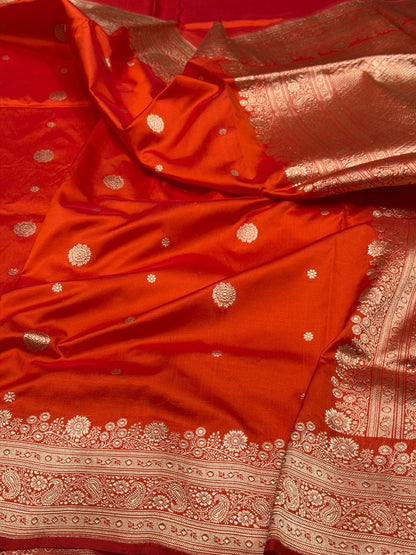 Orange Handwoven Vintage Pure Banarasi Silk Saree