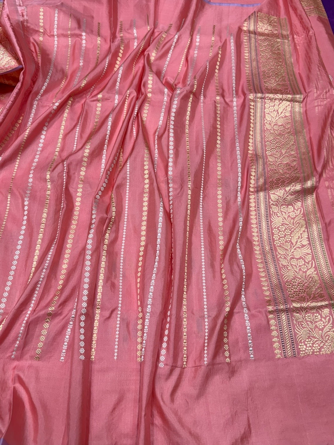 Peach Handwoven Pure Banarasi Silk Saree in Kadwa Weave – 100% Katan Mulberry Silk