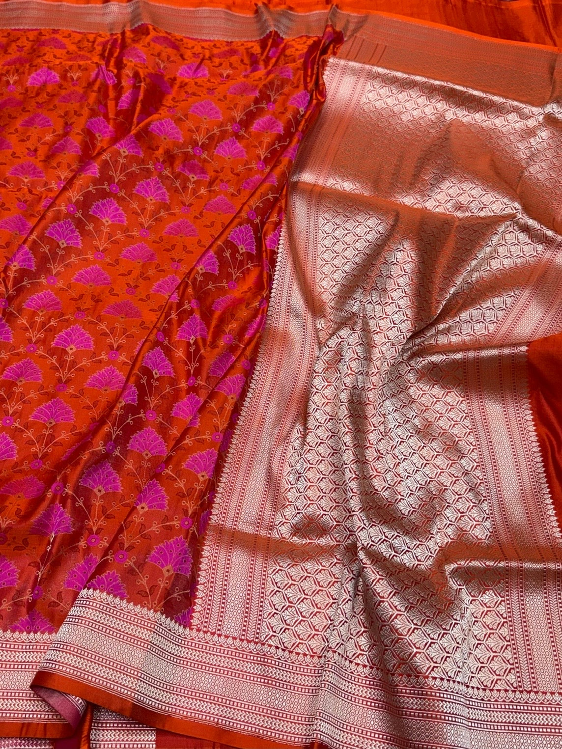 Orange Handwoven Pure Banarasi Satin Tanchoi Silk Saree – Kadwa Weave | Authentic Banaras Handloom