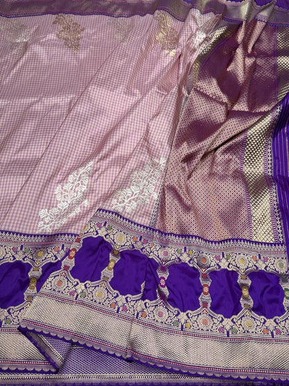 Baby Pink &amp; Purple Handwoven Pure Banarasi Silk Saree in Kadwa Weave | 100% Pure Katan Silk