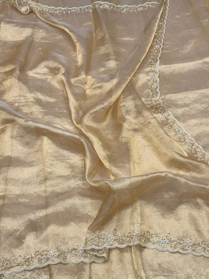 Champagne Gold Pure Banarasi Tissue Hand Embroidery | Pure Kora Tissue | Cutwork Technique | Lightweight Banarasi Saree