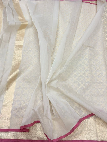 White Banarasi Pure Kora Cotton Saree