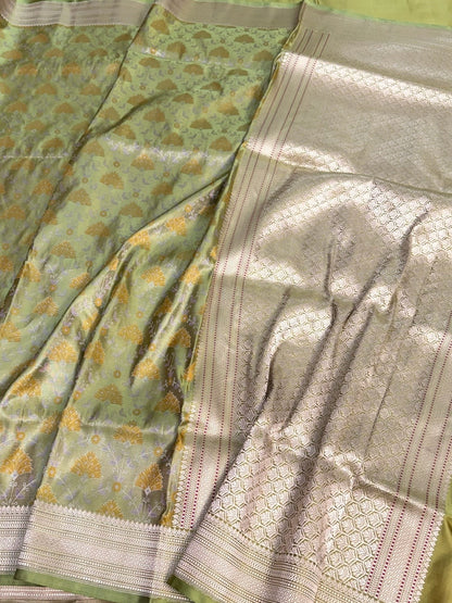 Pista Handwoven Pure Banarasi Satin Tanchoi Silk Saree