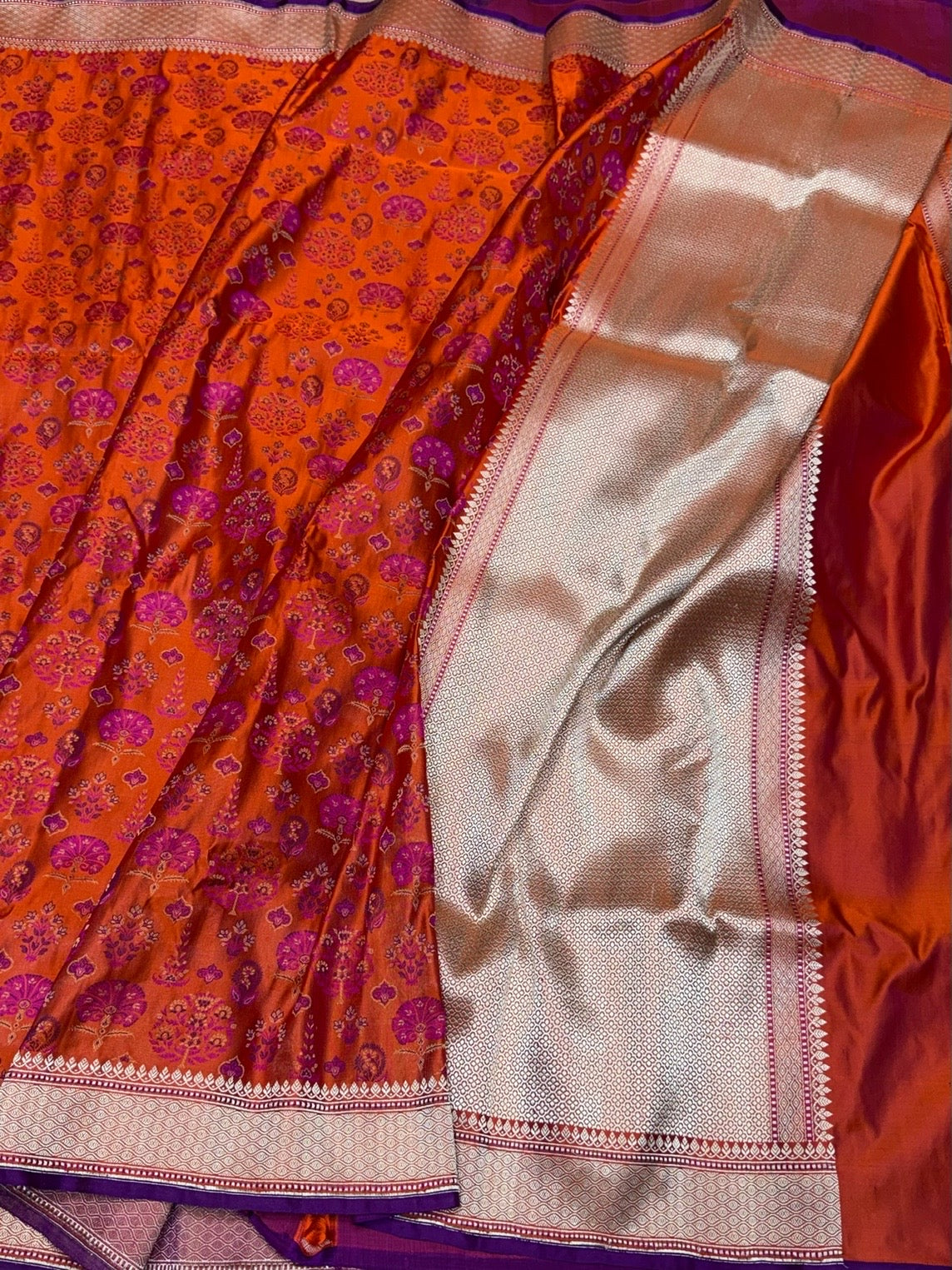 Orange Handwoven Pure Banarasi Satin Tanchoi Silk Saree