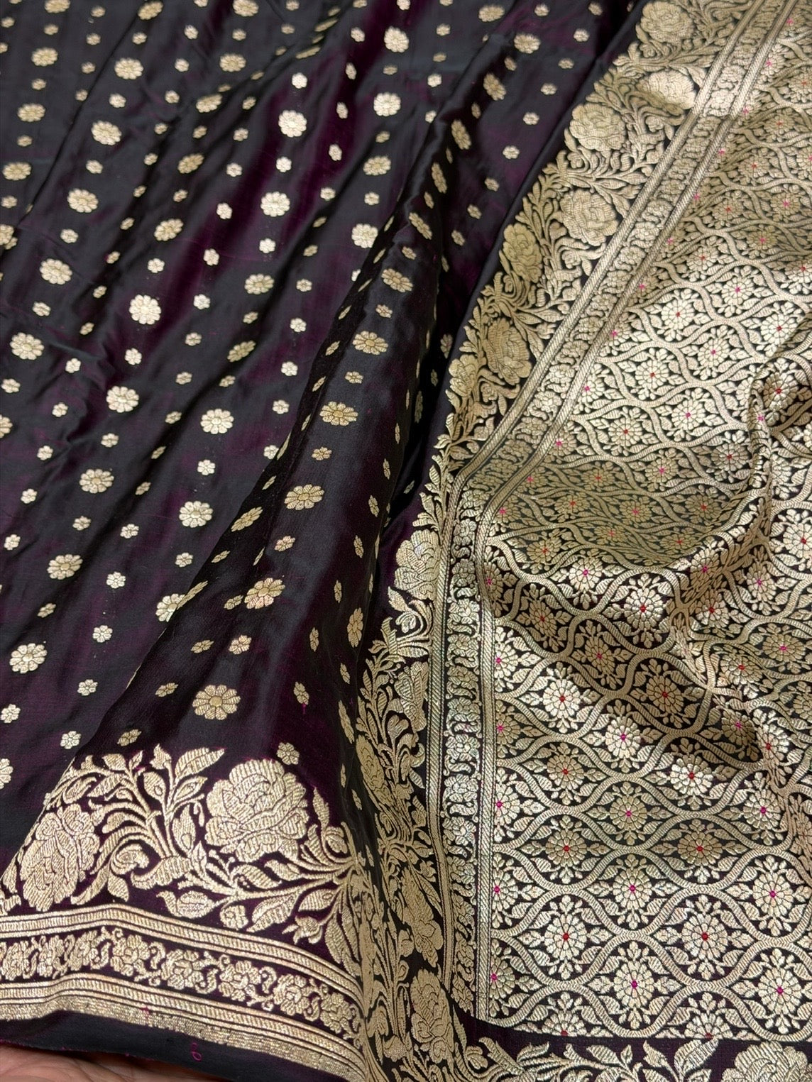 Wine Vintage Banarasi Pure Satin Silk Brocade Saree – Luxury Cutwork Wedding &amp; Festive Saree