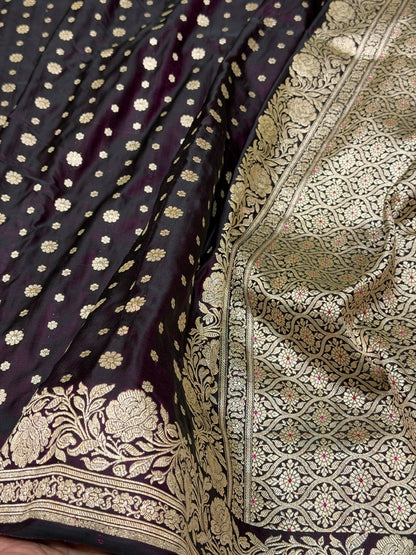 Wine Vintage Banarasi Pure Satin Silk Brocade Saree – Luxury Cutwork Wedding &amp; Festive Saree