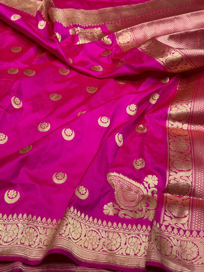 Rani Pink Handwoven Chand Tara Koniya Pure Banarasi Silk Saree – Kadwa Weave | Bridal Katan Silk | 100% Pure Mulberry Silk