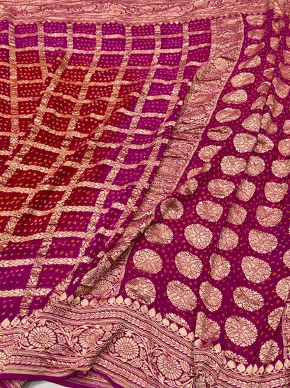 Rani Pink Banarasi Pure Bandhej Georgette Saree – Luxury Cutwork Brocade Festive Saree