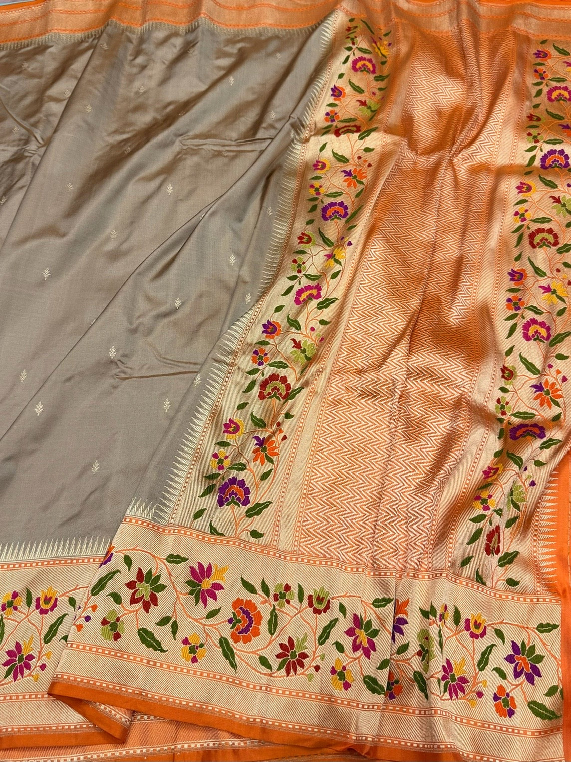 Chiku &amp; Orange Handwoven Pure Banarasi Ektara Silk Saree