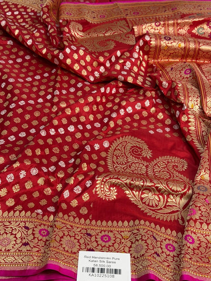 Red Handwoven Pure Banarasi Silk Saree in Kadwa Weave – 100% Katan Mulberry Silk