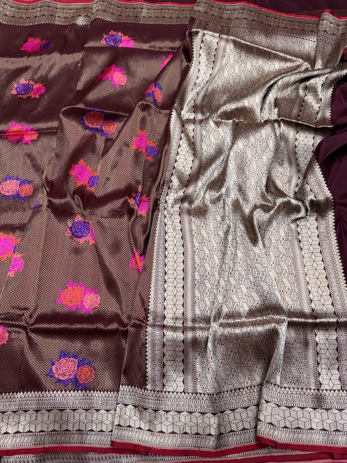 Wine Handwoven Pure Banarasi Silk Brocade Saree