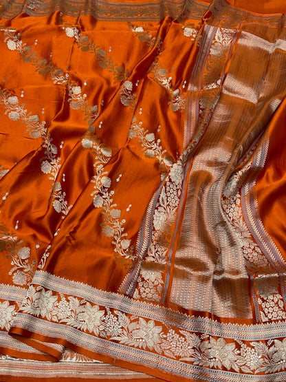 Orange Handwoven Pure Mashru Banarasi Satin Silk Saree – Kadwa Weave | Authentic Banaras Handloom