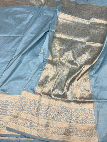 Powder Blue Handwoven Vintage Pure Banarasi Silk Saree – Kadwa Weave in 100% Katan Mulberry Silk