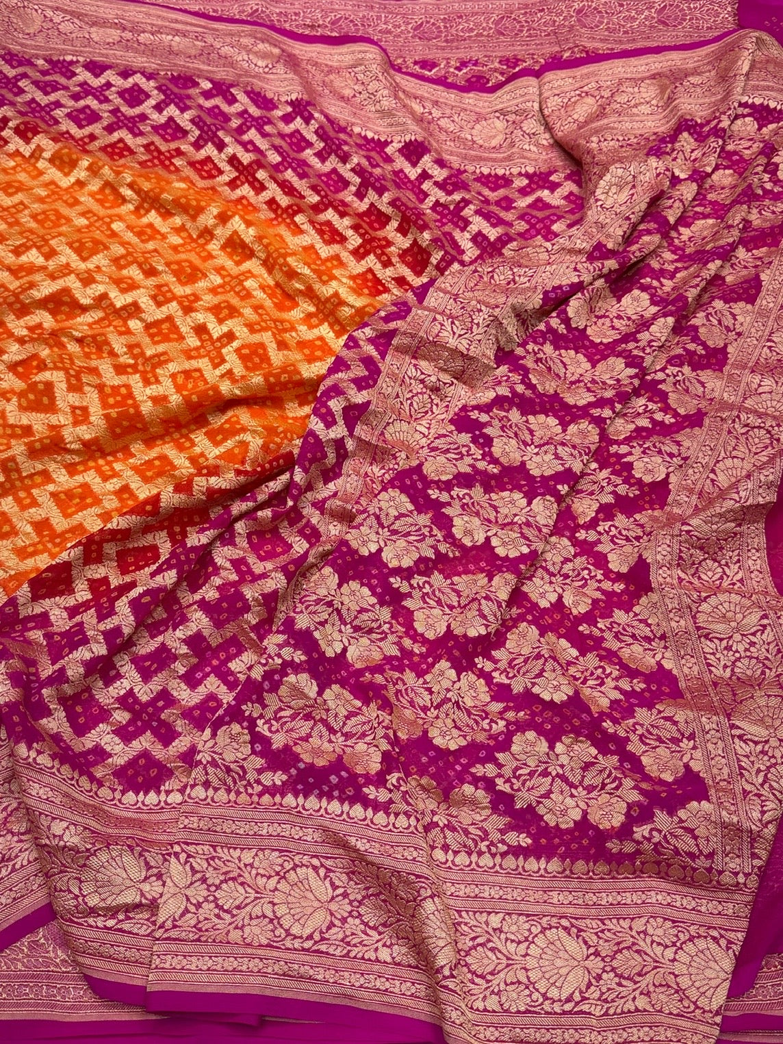 Rani Pink Banarasi Pure Bandhej Georgette Saree – Luxury Cutwork Brocade Festive Saree