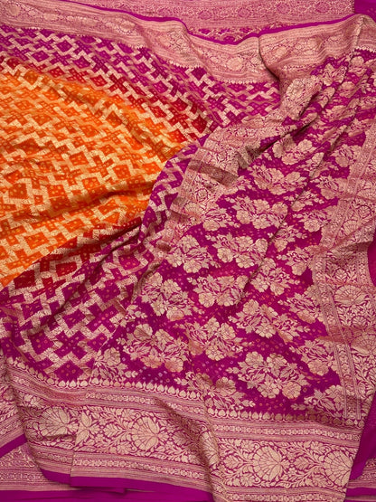 Rani Pink Banarasi Pure Bandhej Georgette Saree – Luxury Cutwork Brocade Festive Saree