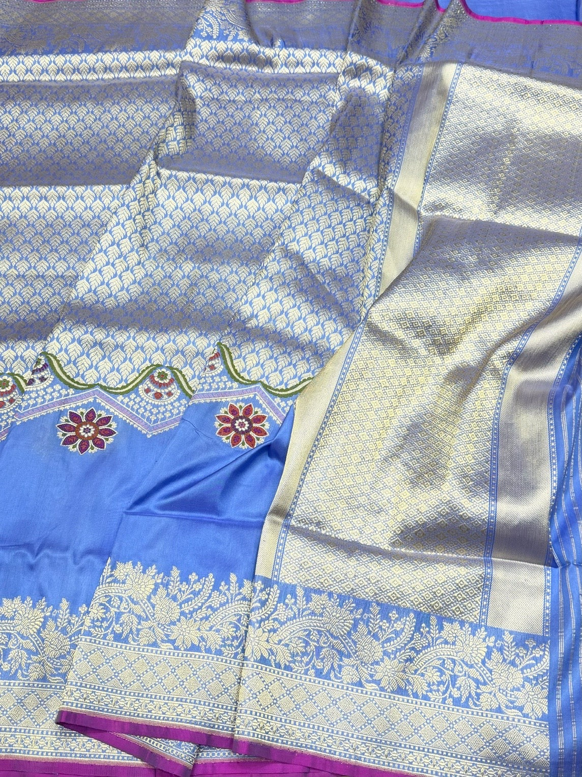 Sky Blue Handwoven Pure Banarasi Silk Saree in Kadwa Weave | Authentic Katan Mulberry Silk